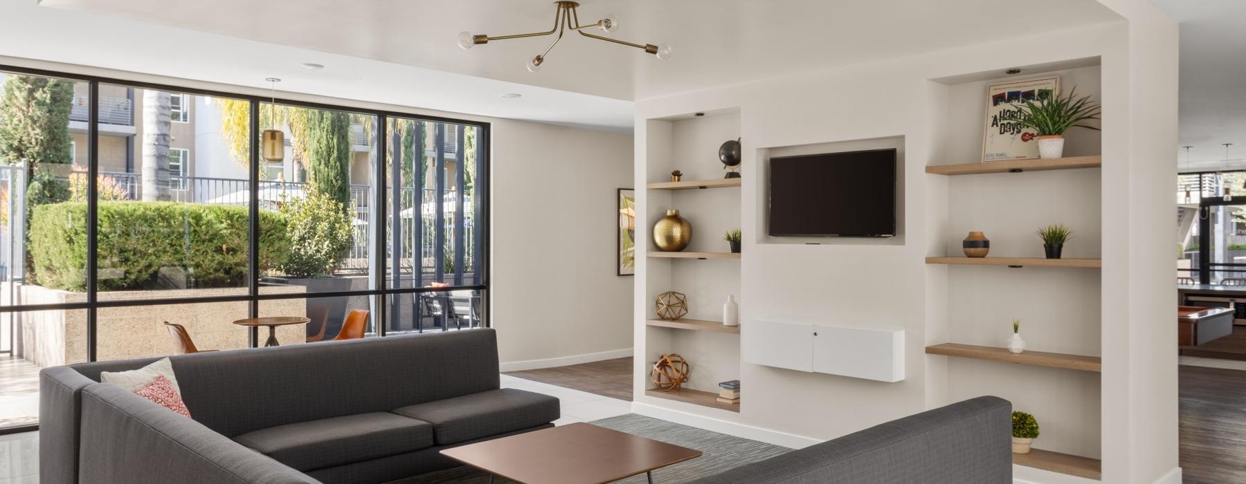 a living room with a large window