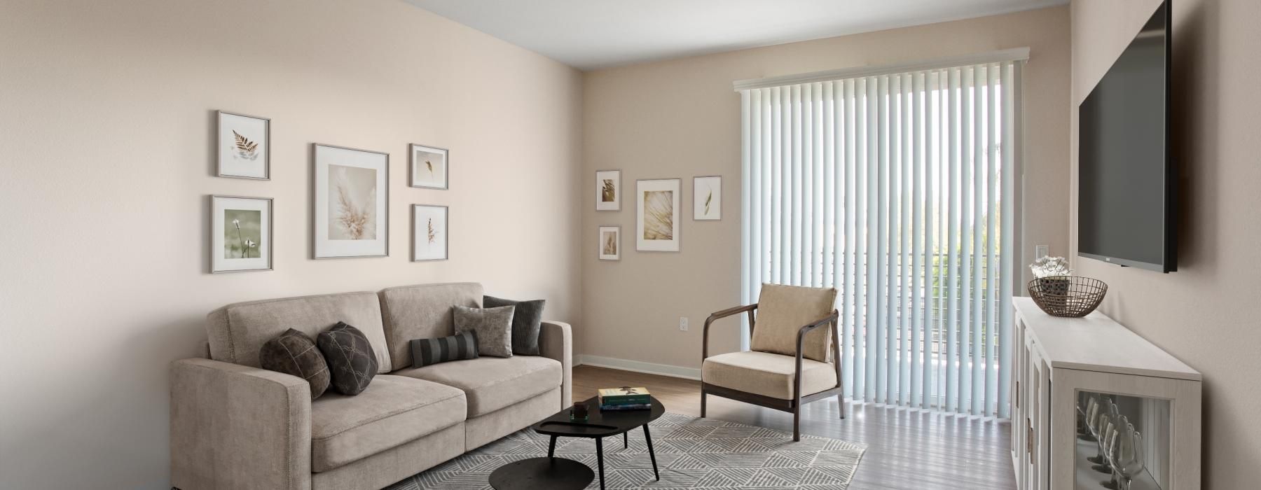 a living room with a couch and a table
